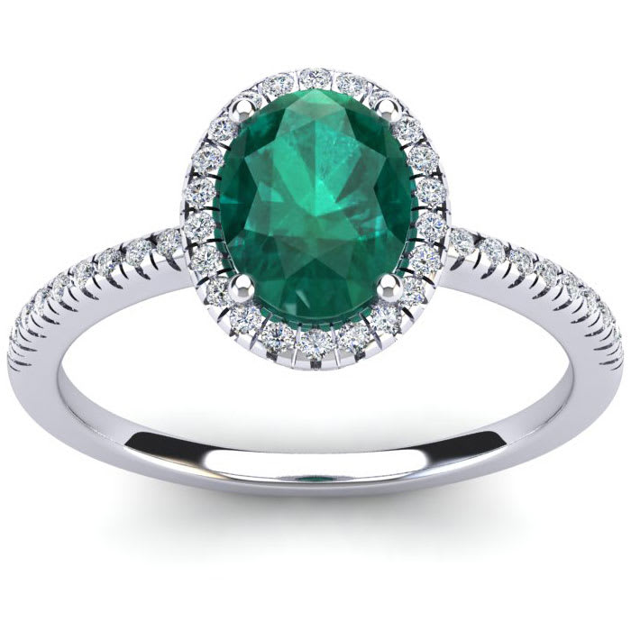 1 1/3 Carat Oval Shape Emerald and Halo Diamond Ring In 14 Karat White Gold