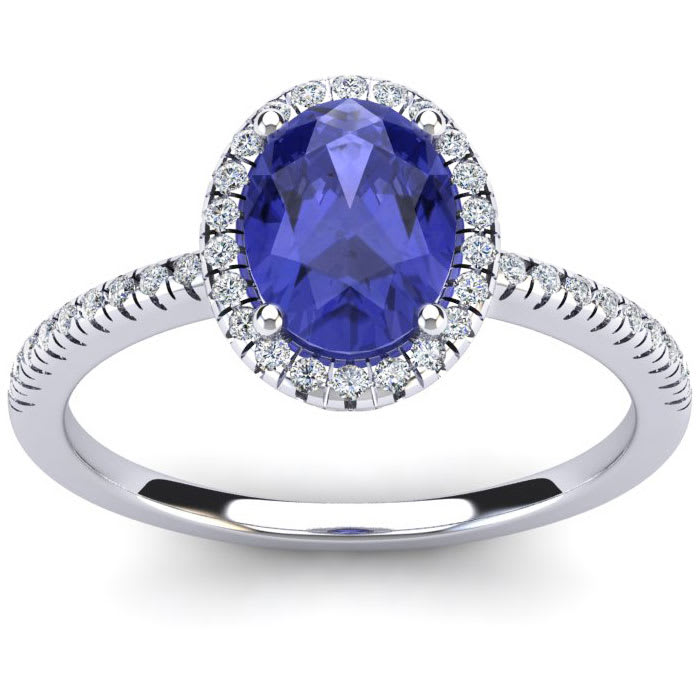1 1/2 Carat Oval Shape Tanzanite and Halo Diamond Ring In 14 Karat White Gold