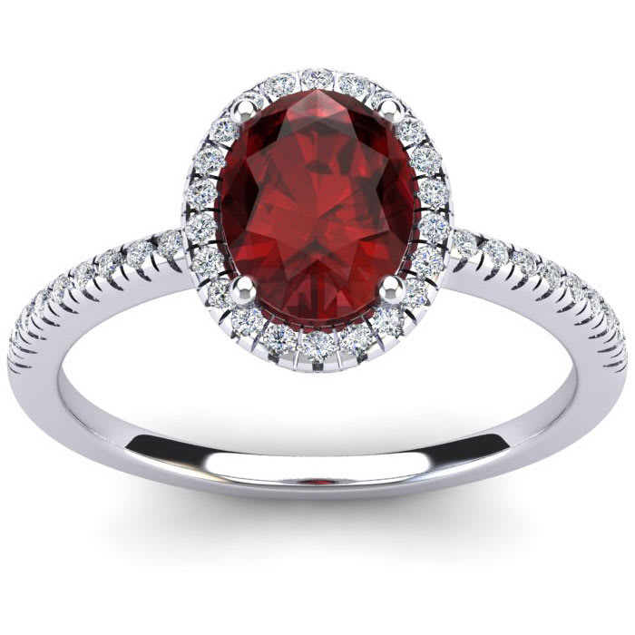 Garnet Ring: Garnet Jewelry: 1 3/4 Carat Oval Shape Garnet and Halo Diamond Ring In 14 Karat White Gold