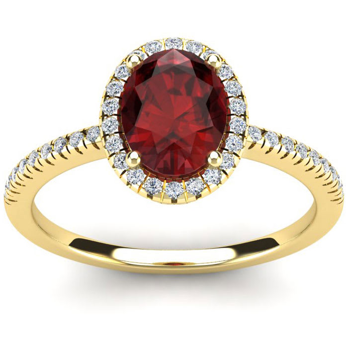 Garnet Ring: Garnet Jewelry: 1 3/4 Carat Oval Shape Garnet and Halo Diamond Ring In 14 Karat Yellow Gold