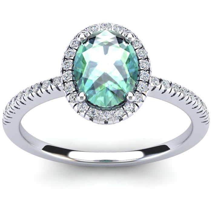 1 1/4 Carat Oval Shape Green Amethyst and Halo Diamond Ring In 14 Karat White Gold