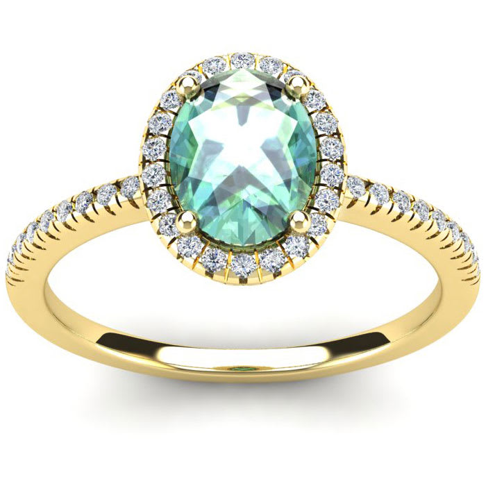 1 1/4 Carat Oval Shape Green Amethyst and Halo Diamond Ring In 14 Karat Yellow Gold