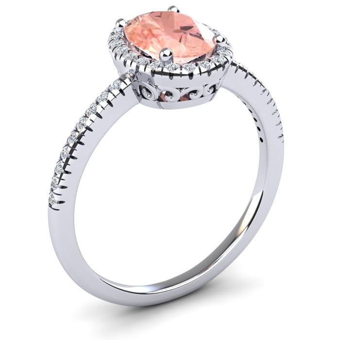 1-1/3 Carat Oval Shape Morganite and Halo Diamond Ring In 14 Karat White Gold