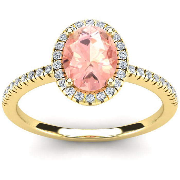 1-1/3 Carat Oval Shape Morganite and Halo Diamond Ring In 14 Karat Yellow Gold