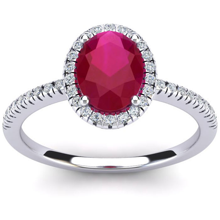 1 3/4 Carat Oval Shape Ruby and Halo Diamond Ring In 14 Karat White Gold