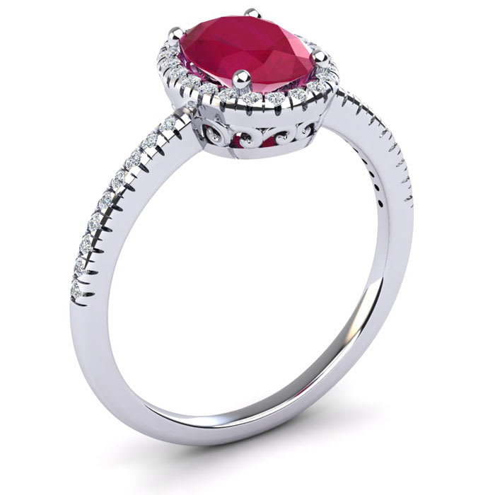 1 3/4 Carat Oval Shape Ruby and Halo Diamond Ring In 14 Karat White Gold