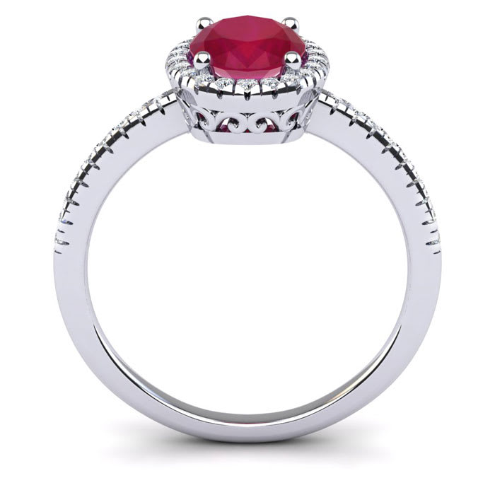 1 3/4 Carat Oval Shape Ruby and Halo Diamond Ring In 14 Karat White Gold