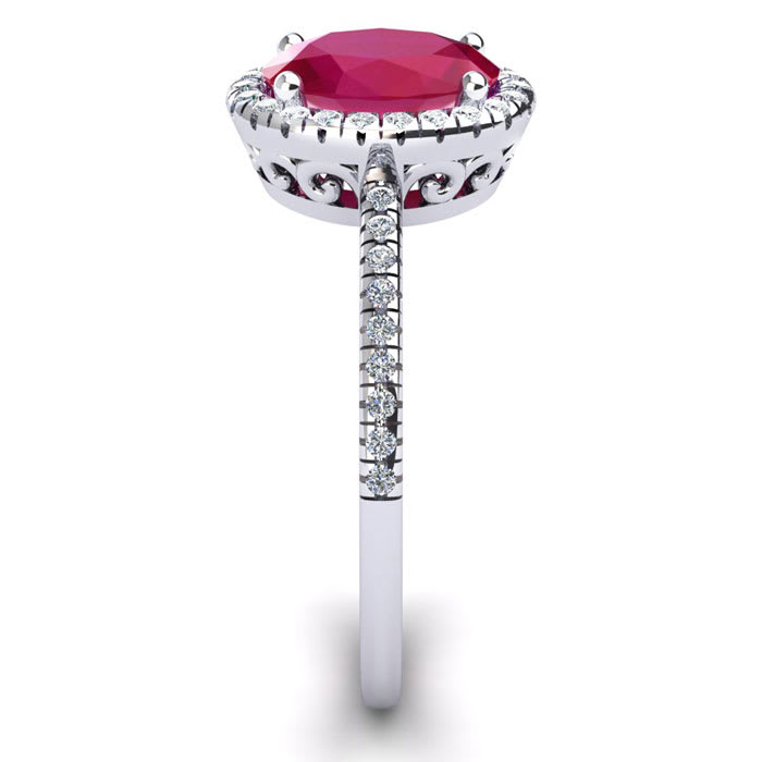 1 3/4 Carat Oval Shape Ruby and Halo Diamond Ring In 14 Karat White Gold