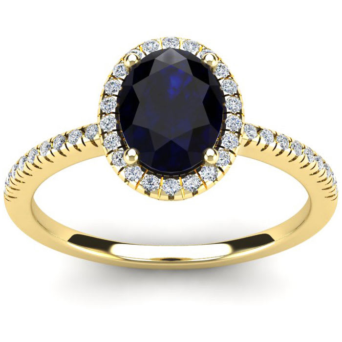 1 3/4 Carat Oval Shape Sapphire and Halo Diamond Ring In 14 Karat Yellow Gold