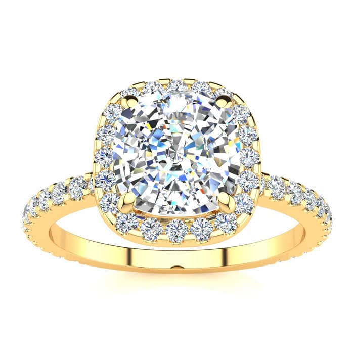 2 1/2 Carat Cushion Cut Halo Diamond Engagement Ring in 14 Karat Yellow Gold