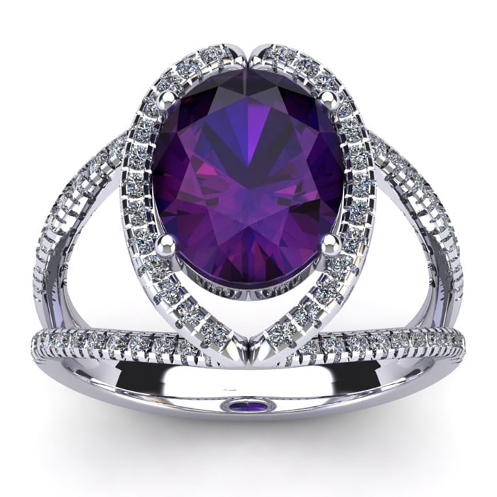 3 Carat Oval Shape Amethyst and Halo Diamond Ring In 14 Karat White Gold