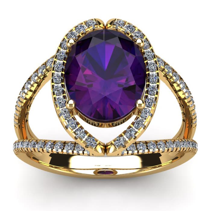 3 Carat Oval Shape Amethyst and Halo Diamond Ring In 14 Karat Yellow Gold
