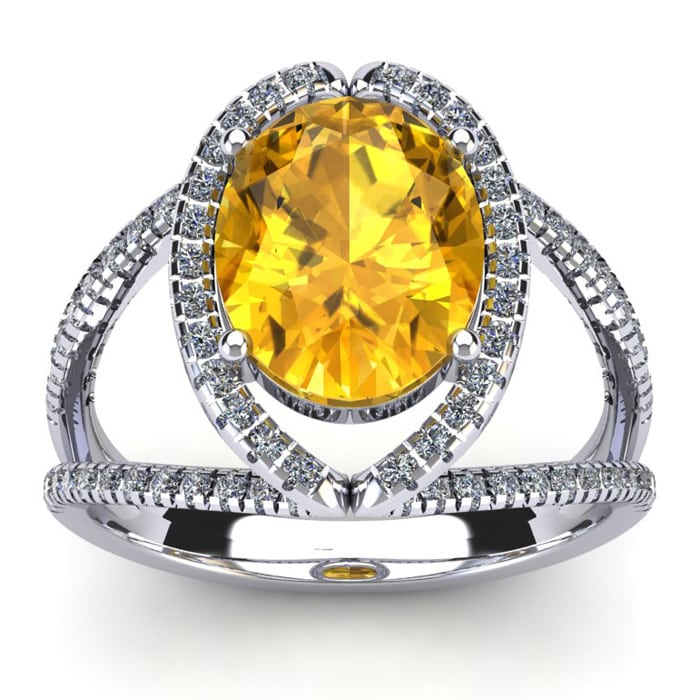 3 Carat Oval Shape Citrine and Halo Diamond Ring In 14 Karat White Gold