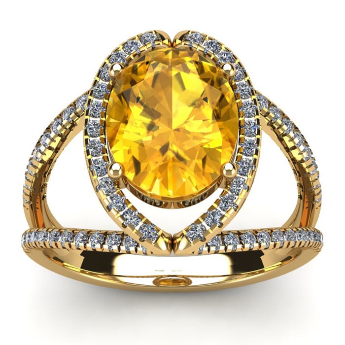 3 Carat Oval Shape Citrine and Halo Diamond Ring In 14 Karat Yellow Gold