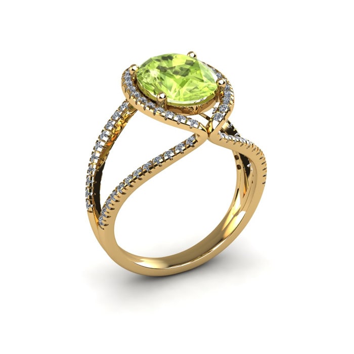 3 Carat Oval Shape Peridot and Halo Diamond Ring In 14 Karat Yellow Gold