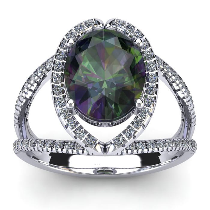 3 Carat Oval Shape Mystic Topaz Ring With Fancy Diamond Halo In 14 Karat White Gold