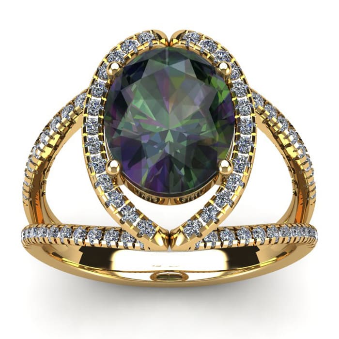 3 Carat Oval Shape Mystic Topaz Ring With Fancy Diamond Halo In 14 Karat Yellow Gold