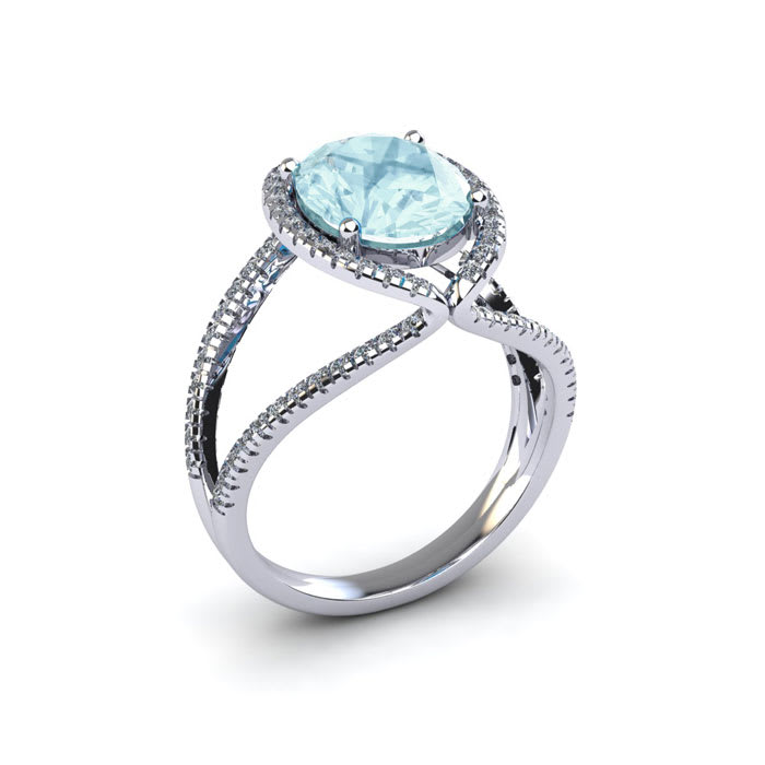 Aquamarine Ring: Aquamarine Jewelry: 2 3/4 Carat Oval Shape Aquamarine and Halo Diamond Ring In 14 Karat White Gold