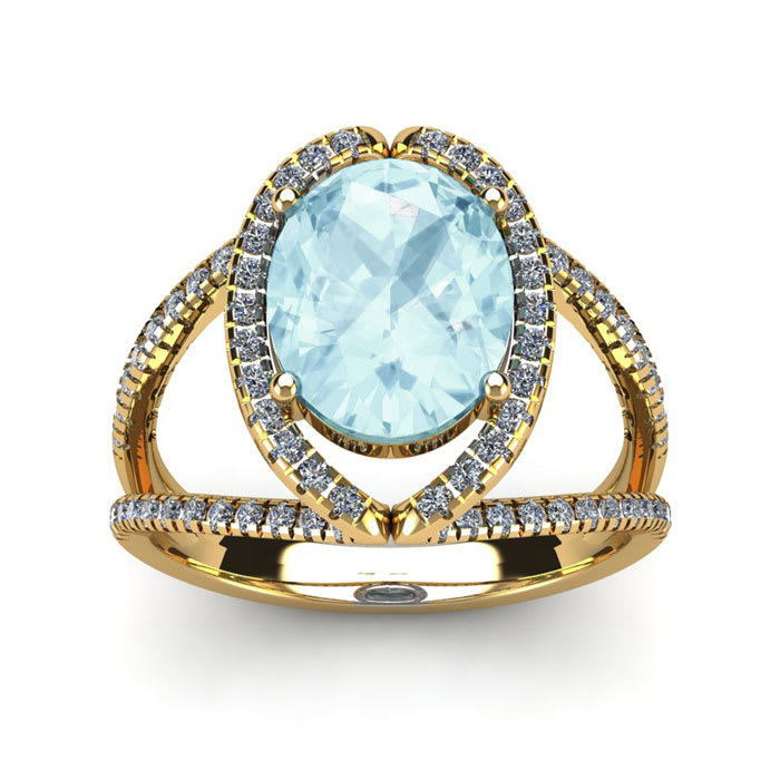 Aquamarine Ring: Aquamarine Jewelry: 2 3/4 Carat Oval Shape Aquamarine and Halo Diamond Ring In 14 Karat Yellow Gold