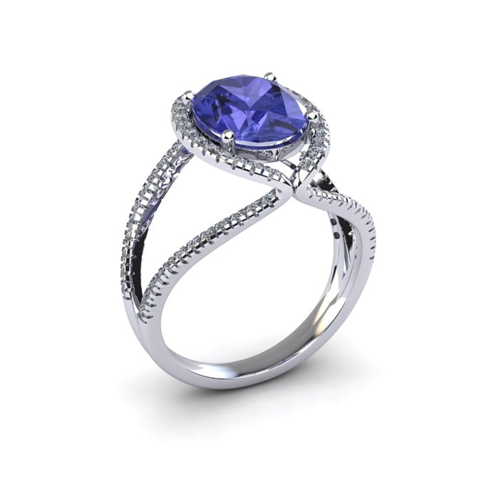 3 Carat Oval Shape Tanzanite and Halo Diamond Ring In 14 Karat White Gold