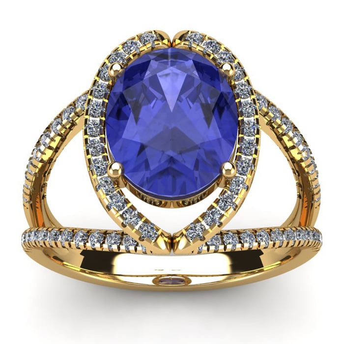 3 Carat Oval Shape Tanzanite and Halo Diamond Ring In 14 Karat Yellow Gold