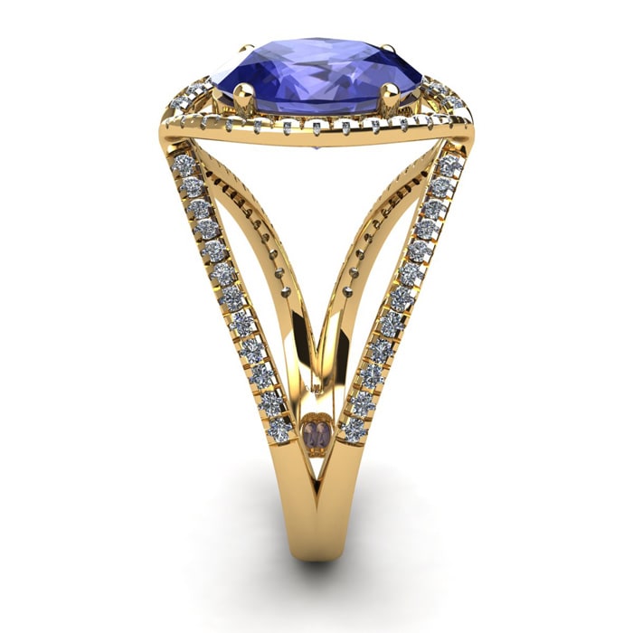 3 Carat Oval Shape Tanzanite and Halo Diamond Ring In 14 Karat Yellow Gold