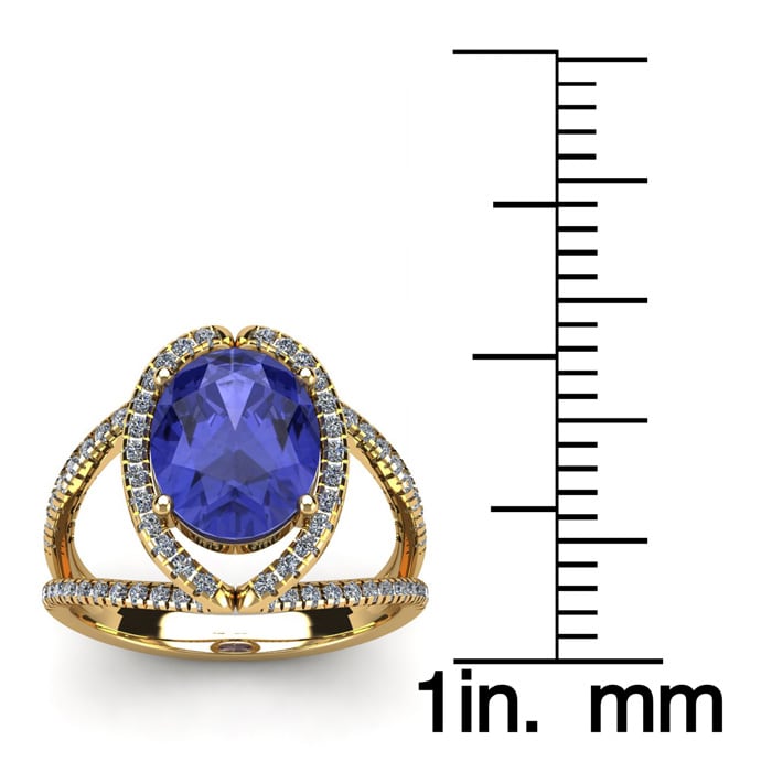 3 Carat Oval Shape Tanzanite and Halo Diamond Ring In 14 Karat Yellow Gold