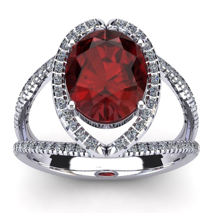 Garnet Ring: Garnet Jewelry: 3 1/2 Carat Oval Shape Garnet and Halo Diamond Ring In 14 Karat White Gold