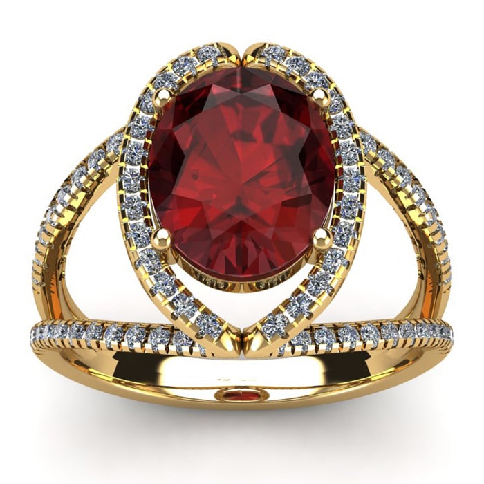 Garnet Ring: Garnet Jewelry: 3 1/2 Carat Oval Shape Garnet and Halo Diamond Ring In 14 Karat Yellow Gold