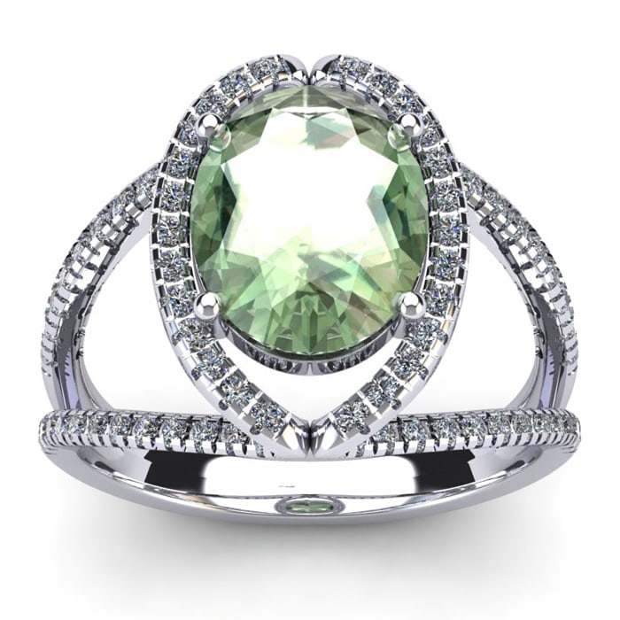 3 Carat Oval Shape Green Amethyst and Halo Diamond Ring In 14 Karat White Gold