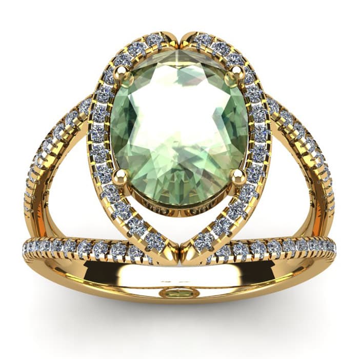 3 Carat Oval Shape Green Amethyst and Halo Diamond Ring In 14 Karat Yellow Gold