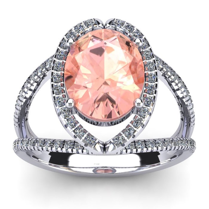 2-3/4 Carat Oval Shape Morganite and Halo Diamond Ring In 14 Karat White Gold