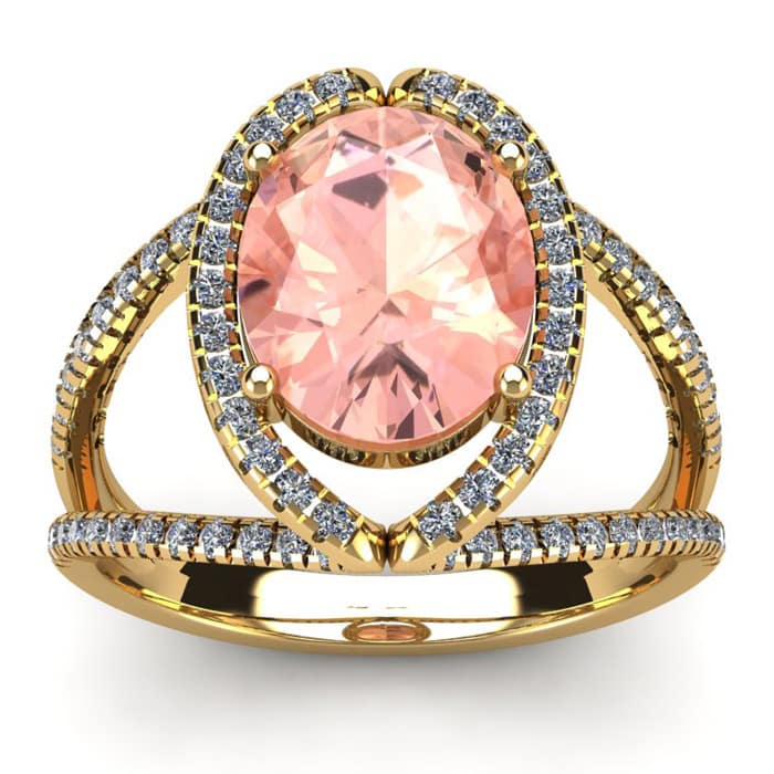 2-3/4 Carat Oval Shape Morganite and Halo Diamond Ring In 14 Karat Yellow Gold