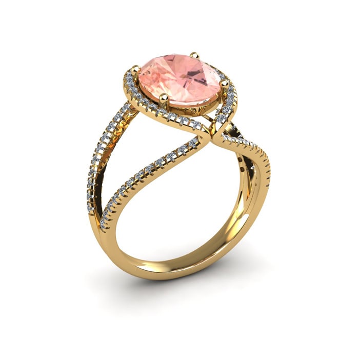 2-3/4 Carat Oval Shape Morganite and Halo Diamond Ring In 14 Karat Yellow Gold