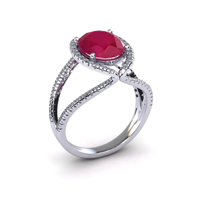 3 1/2 Carat Oval Shape Ruby and Halo Diamond Ring In 14 Karat White Gold
