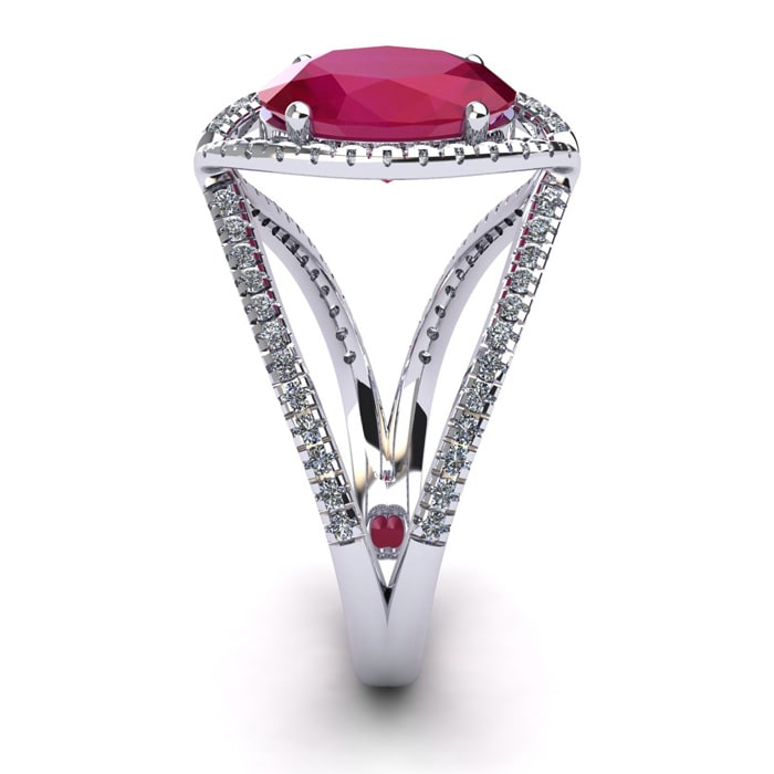 3 1/2 Carat Oval Shape Ruby and Halo Diamond Ring In 14 Karat White Gold