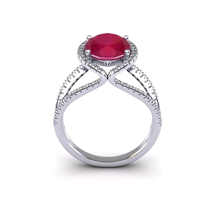 3 1/2 Carat Oval Shape Ruby and Halo Diamond Ring In 14 Karat White Gold