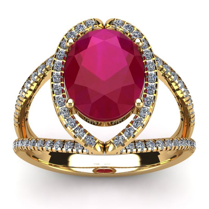 3 1/2 Carat Oval Shape Ruby and Halo Diamond Ring In 14 Karat Yellow Gold
