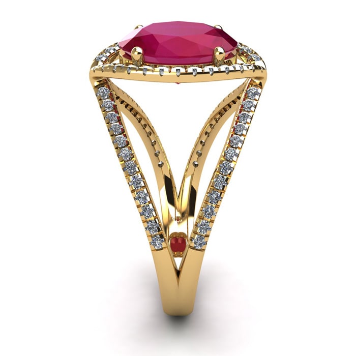 3 1/2 Carat Oval Shape Ruby and Halo Diamond Ring In 14 Karat Yellow Gold