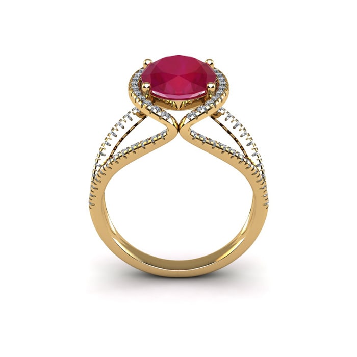 3 1/2 Carat Oval Shape Ruby and Halo Diamond Ring In 14 Karat Yellow Gold