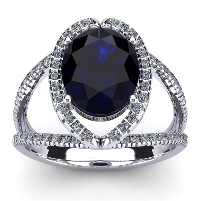 3 1/2 Carat Oval Shape Sapphire and Halo Diamond Ring In 14 Karat White Gold