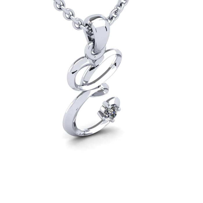 Letter E Diamond Initial Necklace In Sterling Silver With Free Chain