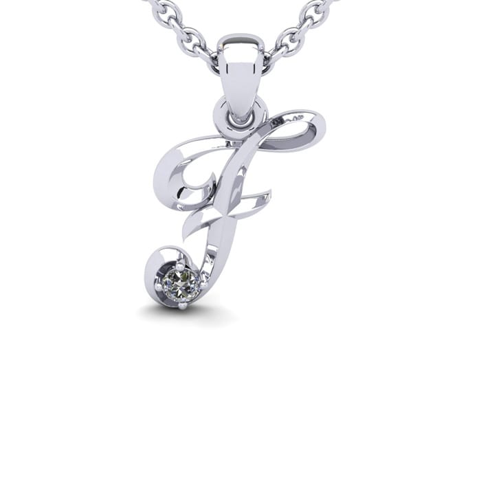 Letter F Diamond Initial Necklace In Sterling Silver With Free Chain