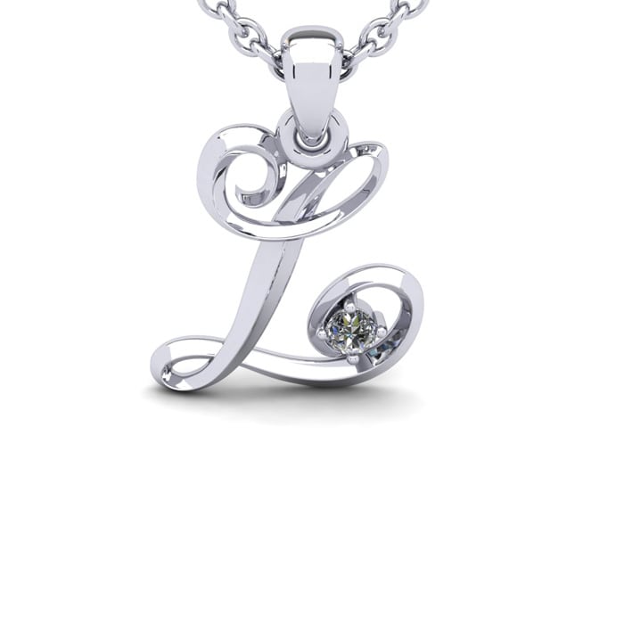 Letter L Diamond Initial Necklace In Sterling Silver With Free Chain