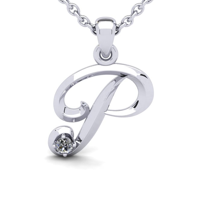 Letter P Diamond Initial Necklace In Sterling Silver With Free Chain