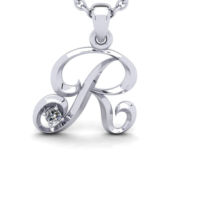 Letter R Diamond Initial Necklace In Sterling Silver With Free Chain