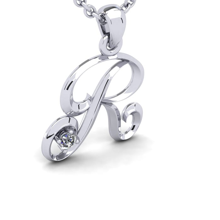 Letter R Diamond Initial Necklace In Sterling Silver With Free Chain