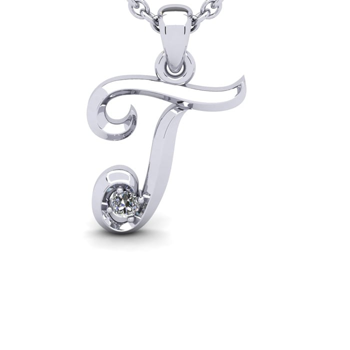 Letter T Diamond Initial Necklace In Sterling Silver With Free Chain
