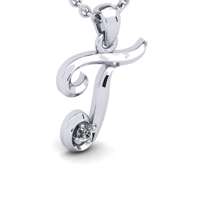 Letter T Diamond Initial Necklace In Sterling Silver With Free Chain