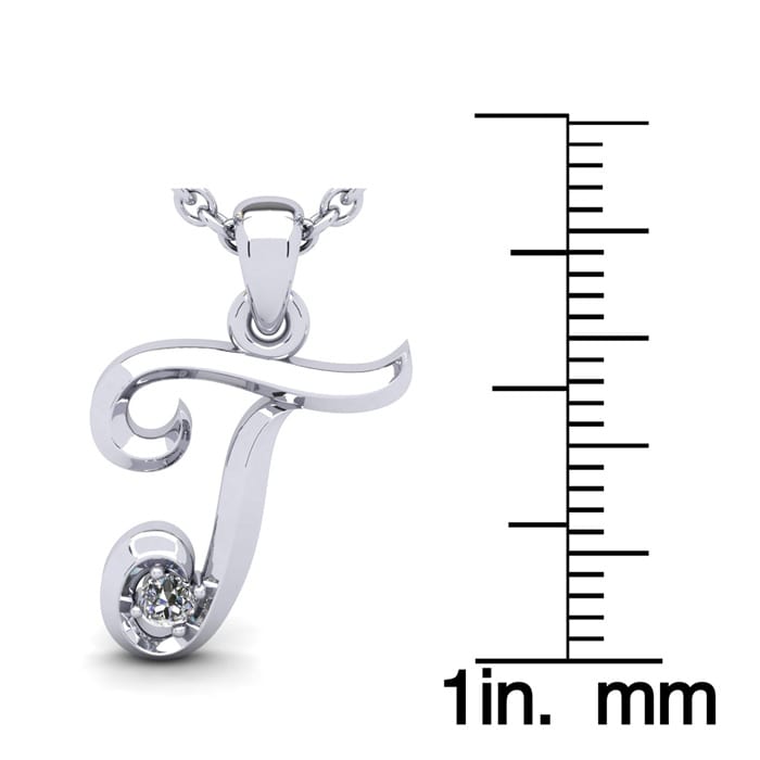 Letter T Diamond Initial Necklace In Sterling Silver With Free Chain